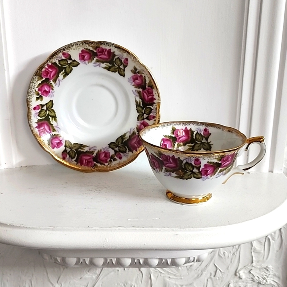 Trimont China Occupied Japan Footed Tea Cup & Saucer Red roses